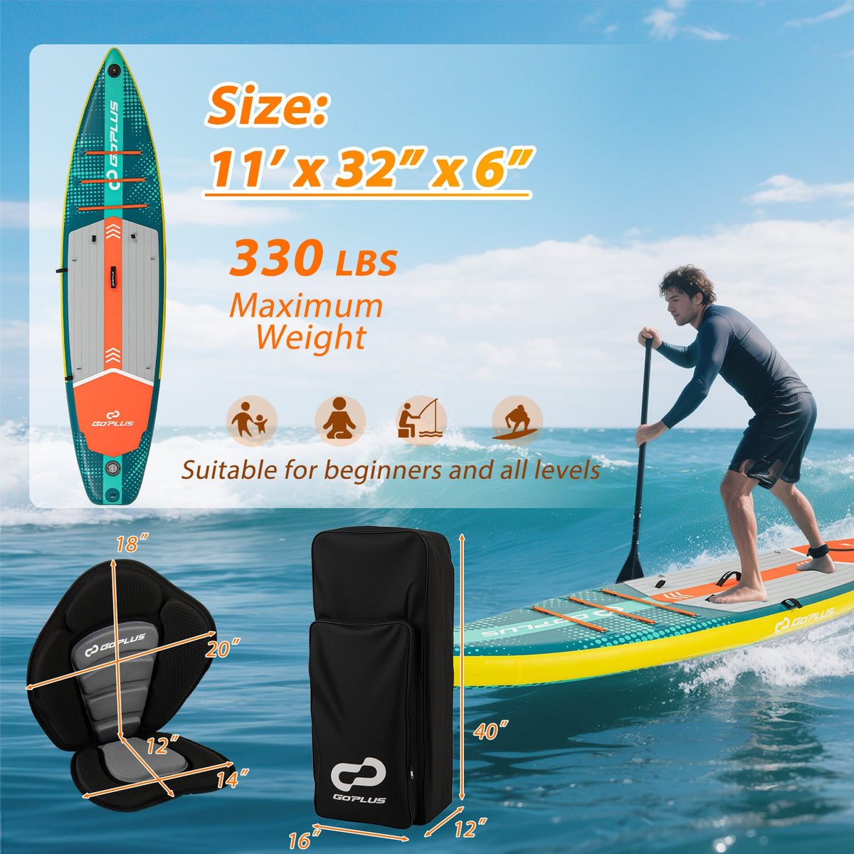11 Feet Inflatable Stand Up Paddle Board with Kayak Seat for Adults-L