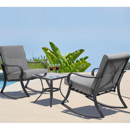3-Piece Outdoor Rocking Chair & Table Set — Grey Cushion Patio Furniture for Porch or Deck
