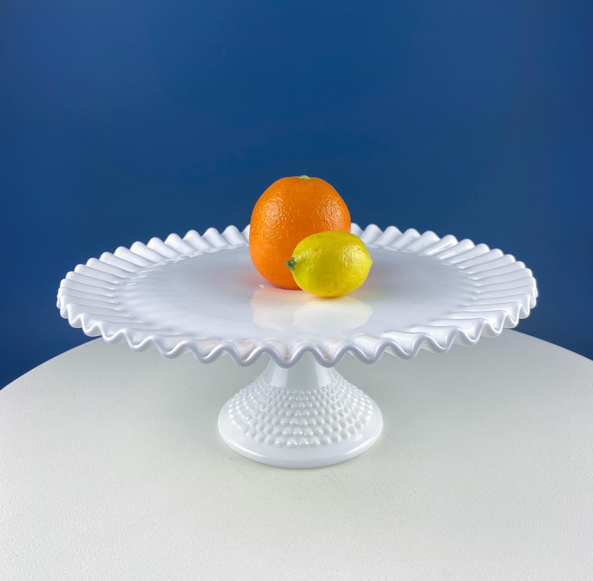 Vintage Hobnail Milk Glass Cake Stand. White 13" Cake Serving Platter with Ruffled Edge. Wedding Birthday Holiday Celebration. Dining Rm Decor