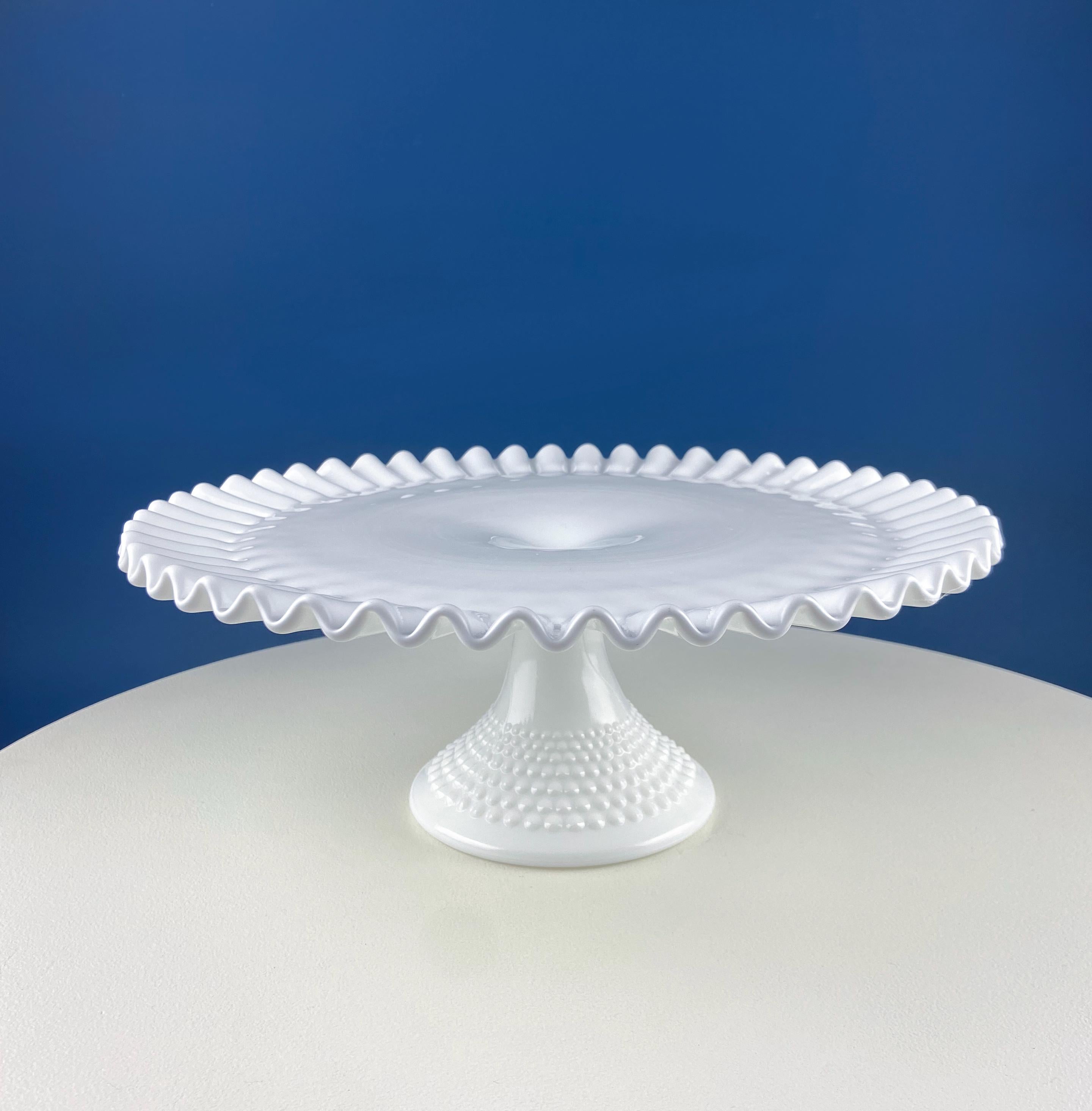 Vintage Hobnail Milk Glass Cake Stand. White 13" Cake Serving Platter with Ruffled Edge. Wedding Birthday Holiday Celebration. Dining Rm Decor