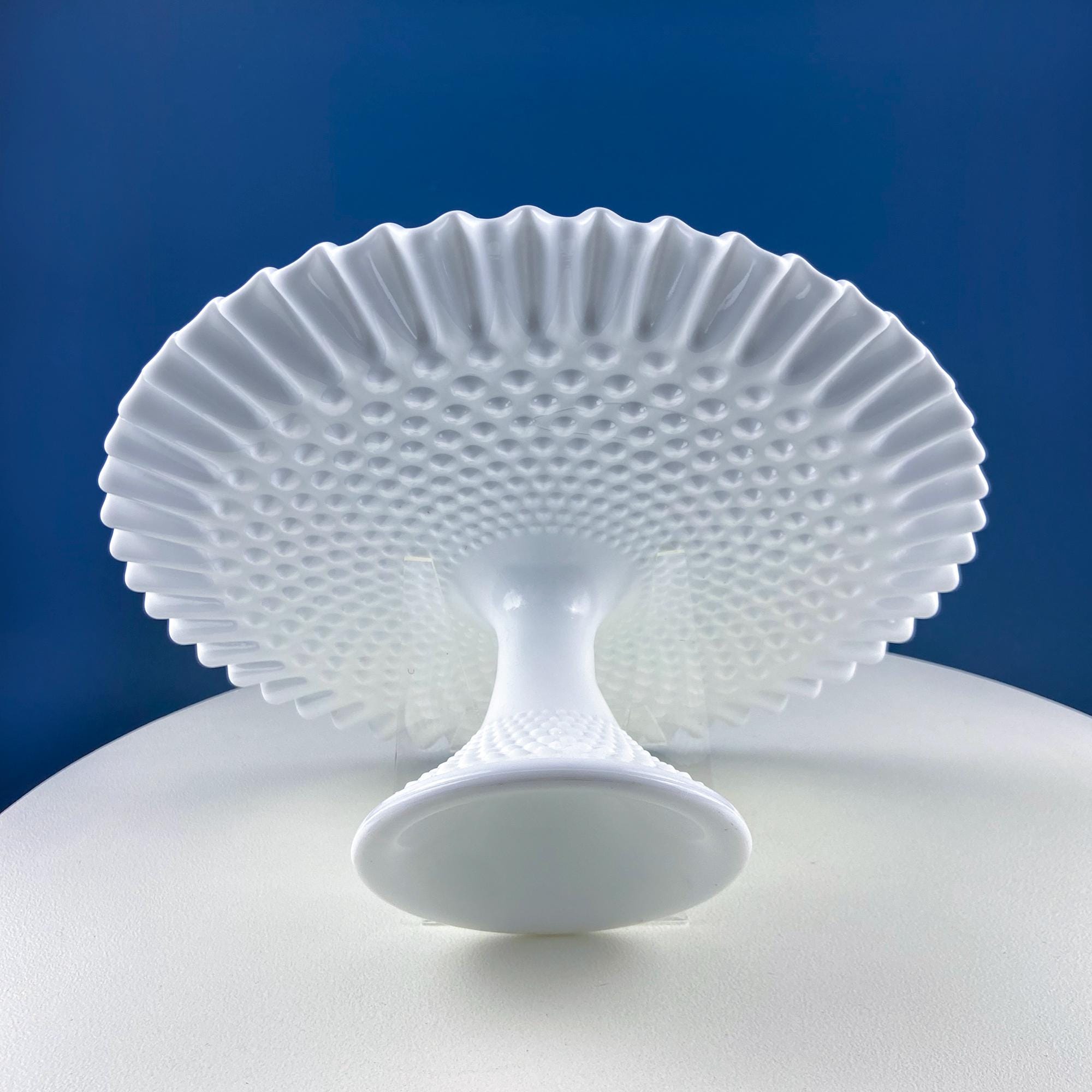 Vintage Hobnail Milk Glass Cake Stand. White 13" Cake Serving Platter with Ruffled Edge. Wedding Birthday Holiday Celebration. Dining Rm Decor