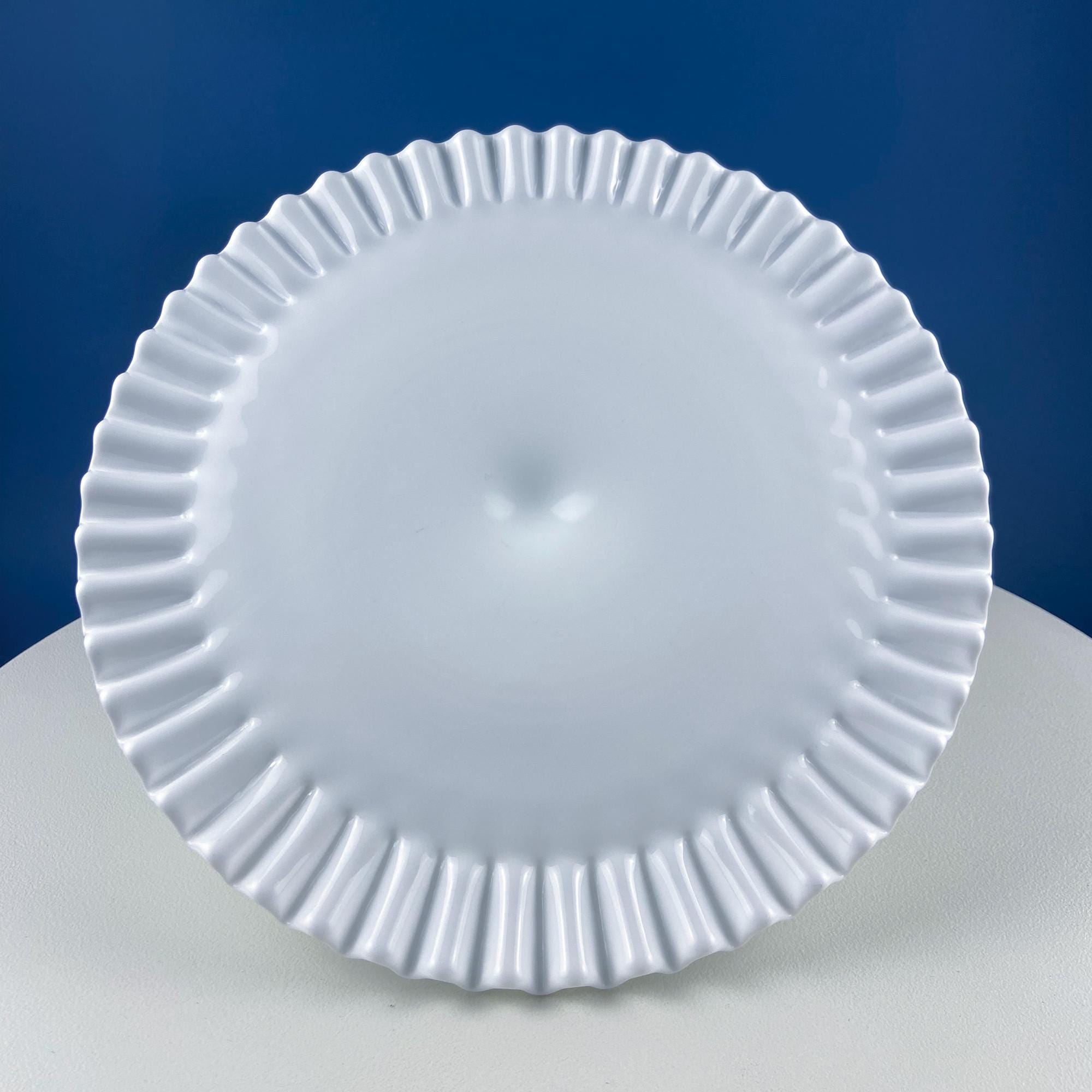 Vintage Hobnail Milk Glass Cake Stand. White 13" Cake Serving Platter with Ruffled Edge. Wedding Birthday Holiday Celebration. Dining Rm Decor